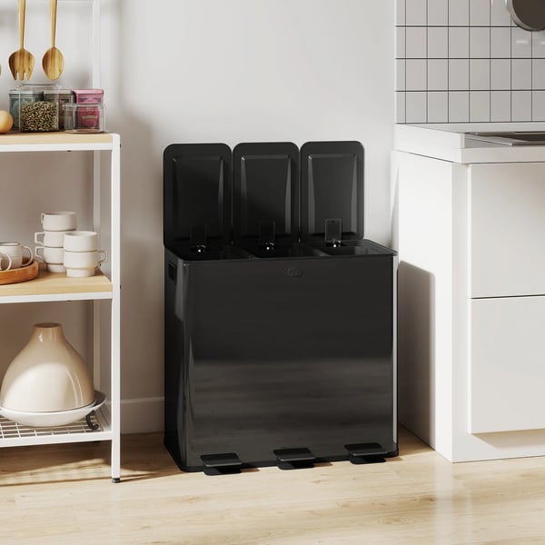 Soptunna 60L med 3 Fack, Pedal, Mjukstängning, Deodorant, Fingeravtryckssäker, Rostfritt stål/Plast, Svart
