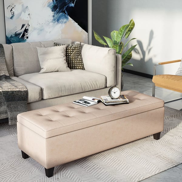 stoppad bänk med förvaring, sängbänk i linneoptik, kistbänk för vardagsrum och sovrum, beige, 125 x 49 x 41,5 cm