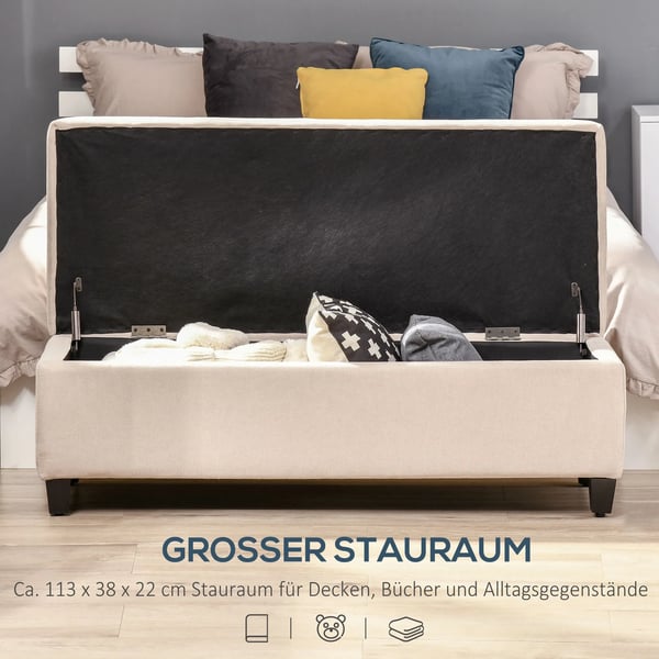stoppad bänk med förvaring, sängbänk i linneoptik, kistbänk för vardagsrum och sovrum, beige, 125 x 49 x 41,5 cm