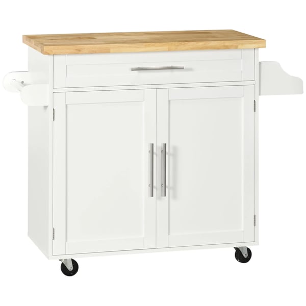Kksvagn 109x40x89cm Vit med Bnkskiva Kryddhylla Handdukshllare Stabil Mobil Lda Skp MDF Gummitr