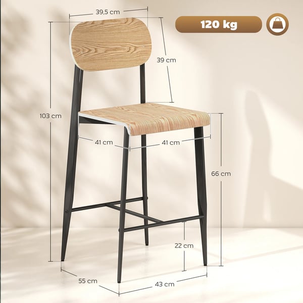 Barstolar 2-pack, naturträ+svart, stålram, köksstol med fotstöd, 66 cm sitthöjd, industriell design