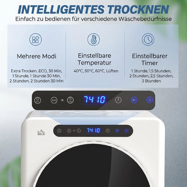 Tørretumbler, 6 programmer, 40-60℃, 4 kg kapacitet, kompakt, touch-kontrol, hvid