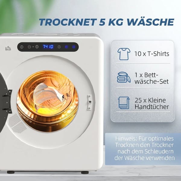 Tørretumbler, 6 programmer, 40-60℃, 4 kg kapacitet, kompakt, touch-kontrol, hvid