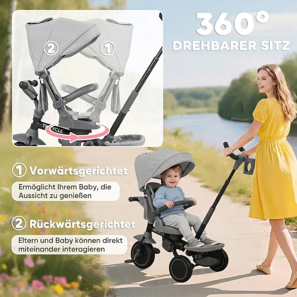 6-i-1 Børnetrehjulede cykel, Foldbar Klapvogn, Grå, Plastik