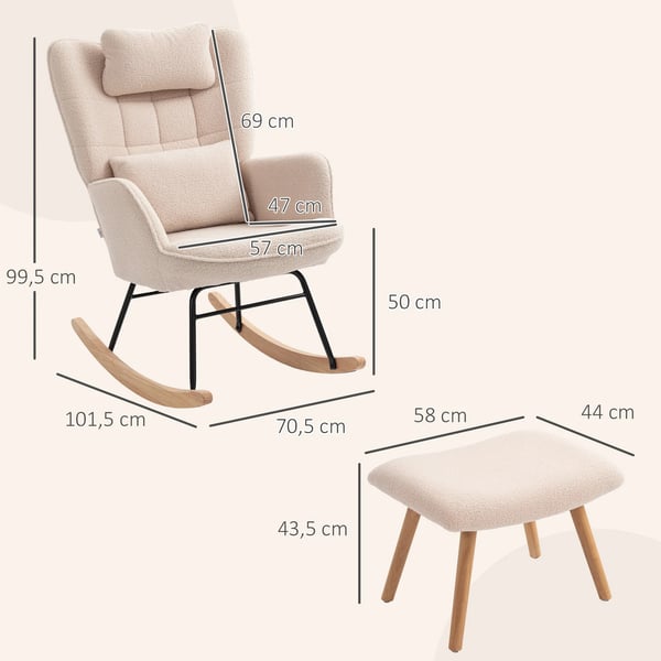 gungstol med fotpall, mjukt fleeceöverdrag, träben, kudde, hög rygg, gungfåtölj, beige