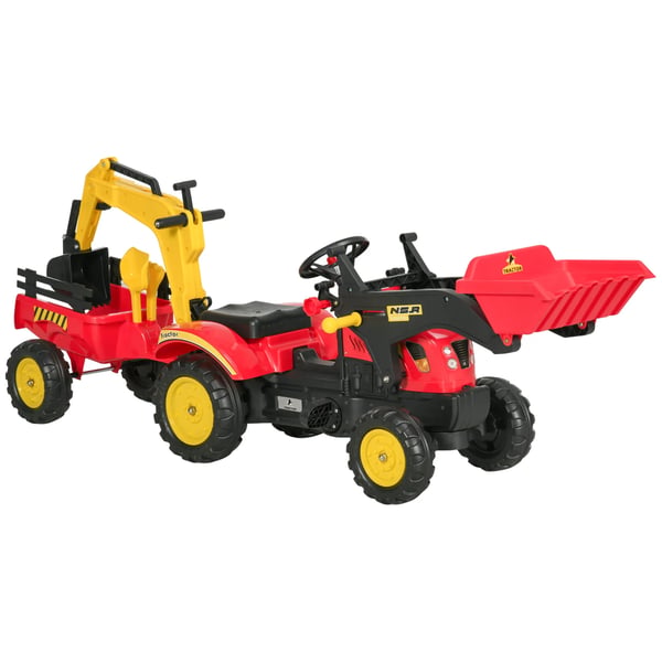 Rød Børnetraktor med Trailer og Frontskovl, Pedal-drevet Gravemaskine i Stål og Plastik, 3-6 År, 179x42x59 cm