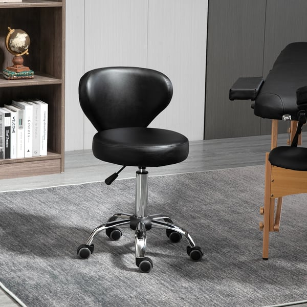 Massagepall i Svart Konstläder - Svängbar och Höjdjusterbar Arbetsstol med Ergonomiskt Ryggstöd och Hjul