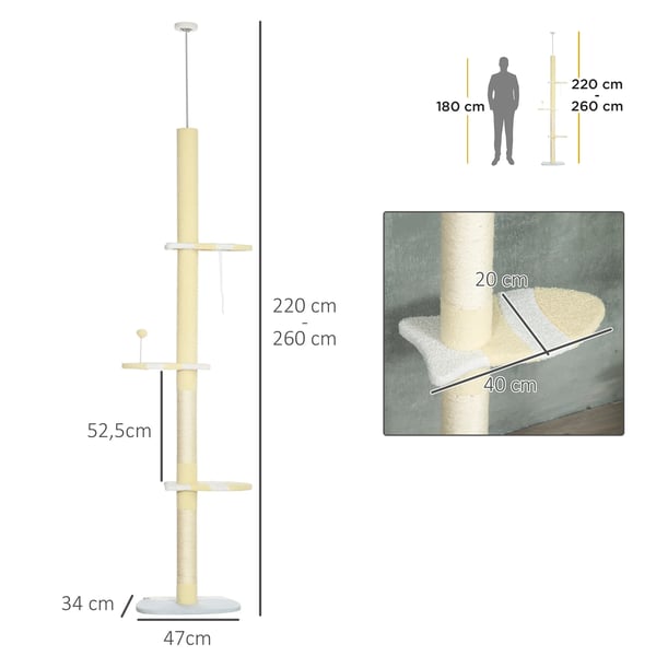 Kradsetræ til loftet, justerbart 220-260 cm, med legbold og plys, polyester, gul