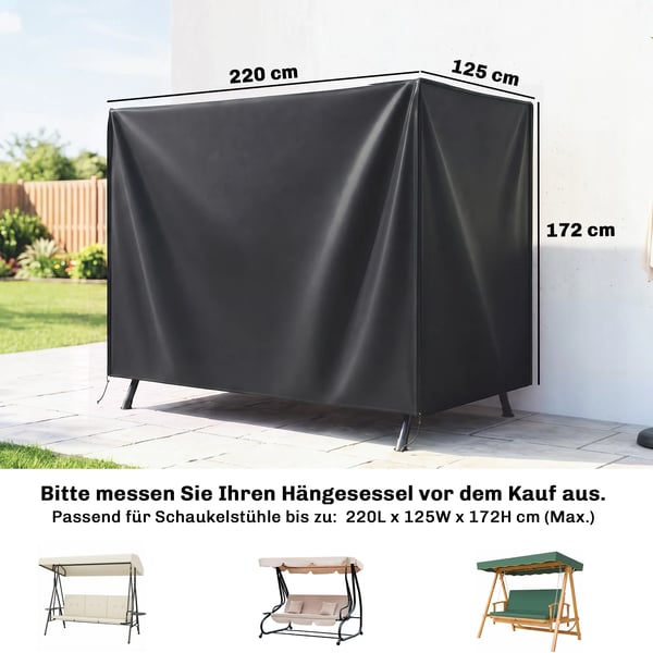 Hollywood-keinun suojahuppu, vedenpitävä suojapeite puutarhakeinulle, UV-suojattu peite, Oxford-kangas, musta, 220 x 125 x 172 cm