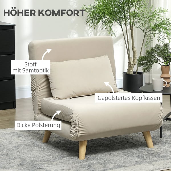 Foldbar Sovestol i Beige Fløjlslook med Justerbar Ryglæn og Pude - Stilfuld og Funktionel Stue Møbel
