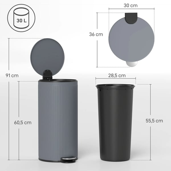 Soptunna 30 L Pedalbehållare Mörkgrå Metall/Plast med mjukstängande lock, innerhink