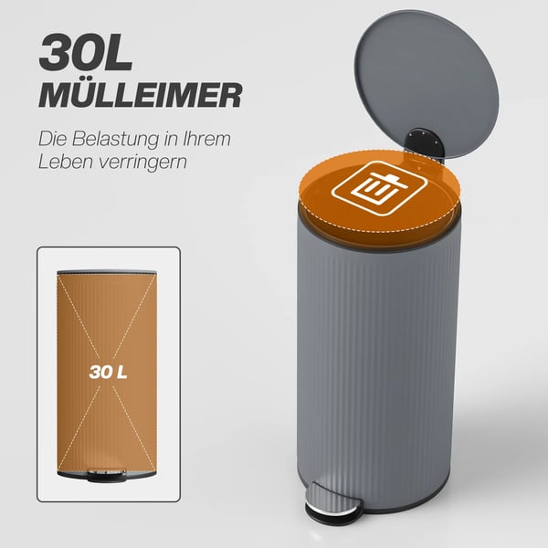 Soptunna 30 L Pedalbehållare Mörkgrå Metall/Plast med mjukstängande lock, innerhink