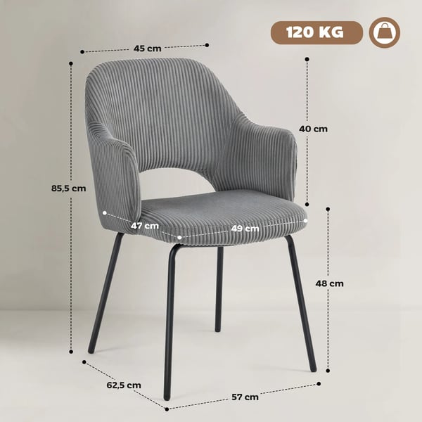 Spisebordsstol, kordfløjl, skaldesign, metalben, gulvbeskyttere, grå