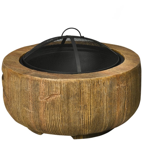 eldstad, eldfat med lock, eldkorg med eldgaffel, i trädstubbsdesign, för trädgård, camping, terrass, stål, MgO, brun