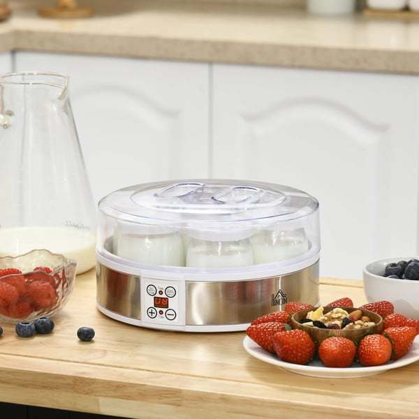Yoghurtmaskine, Hvid, Rustfrit Stål, 7 Glasbeholdere, 20W, LED Display, Timer 1-48t, Temp. 25-50°C