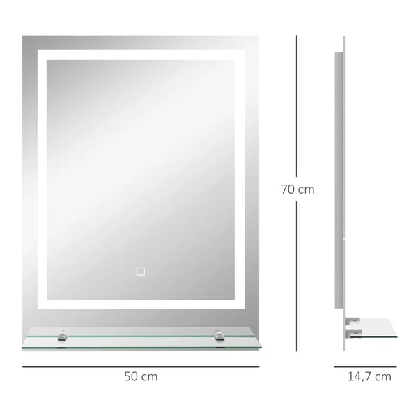 Belysningsspegel Badrum 70x50cm, 3 Ljusfärger, IP44, Anti-dim, Minnesfunktion, Transparent Härdat Glas