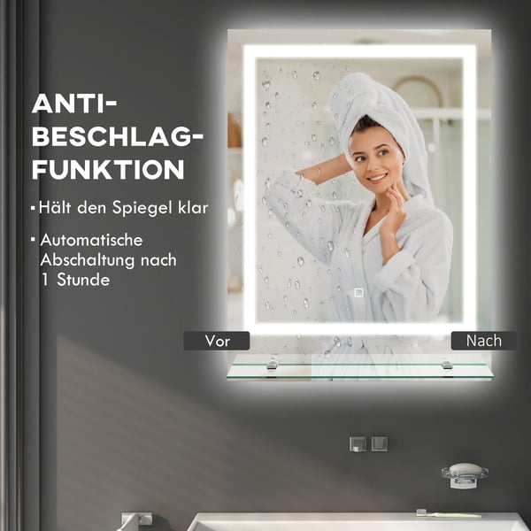 Belysningsspegel Badrum 70x50cm, 3 Ljusfärger, IP44, Anti-dim, Minnesfunktion, Transparent Härdat Glas