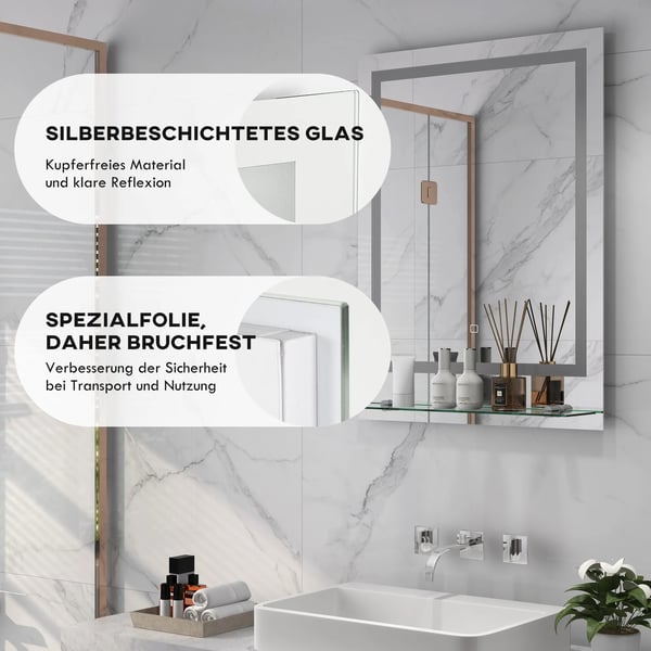 Belysningsspegel Badrum 70x50cm, 3 Ljusfärger, IP44, Anti-dim, Minnesfunktion, Transparent Härdat Glas