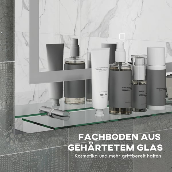 Belysningsspegel Badrum 70x50cm, 3 Ljusfärger, IP44, Anti-dim, Minnesfunktion, Transparent Härdat Glas