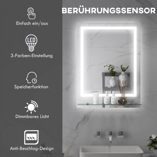 Belysningsspegel Badrum 70x50cm, 3 Ljusfärger, IP44, Anti-dim, Minnesfunktion, Transparent Härdat Glas