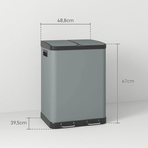 dubbel soptunna 2x30L pedalkorg med lock, sopkärl i metall för kök/kontor, 48,8x39,5x67 cm, grå