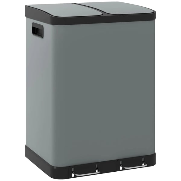 dubbel soptunna 2x30L pedalkorg med lock, sopkärl i metall för kök/kontor, 48,8x39,5x67 cm, grå