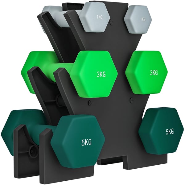Hantelset 6 Hantlar med Hantelställ, 2 x 1kg, 2 x 3kg, 2 x 5kg Hantelset i Metall för Fitness, Gymnastik, Hem