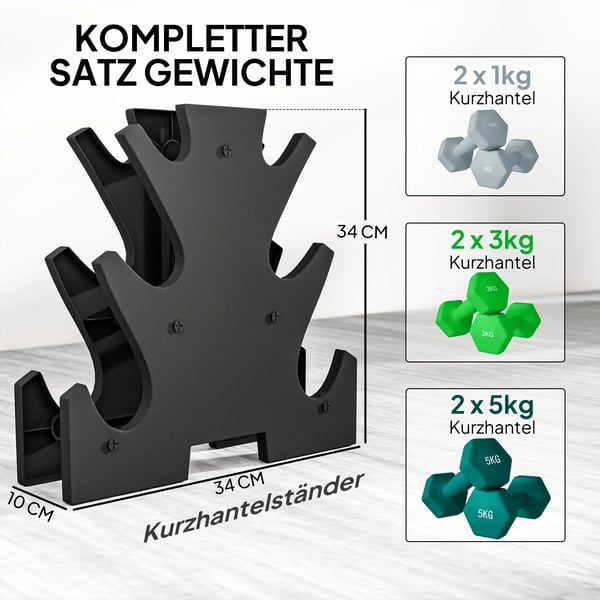 Hantelset 6 Hantlar med Hantelställ, 2 x 1kg, 2 x 3kg, 2 x 5kg Hantelset i Metall för Fitness, Gymnastik, Hem