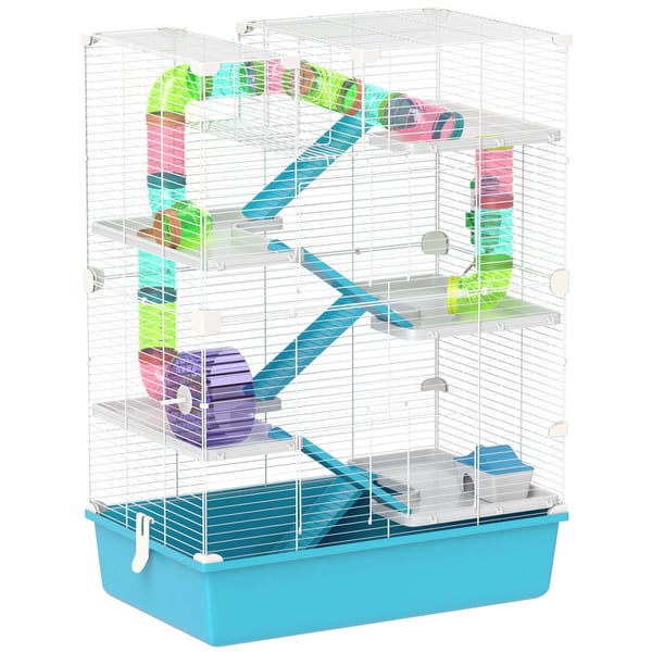 Hamsterbur, 6-etagers dyrebur med rør, løbehjul og tilbehør, lyseblå plastik, 58 x 36 x 81 cm