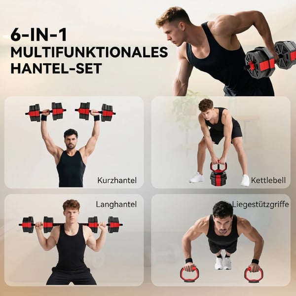 4-i-1 Justerbart Vfgtsæt (20 kg) - Håndvægte, Vægtstang, Kettlebell (RøD, Plastik)