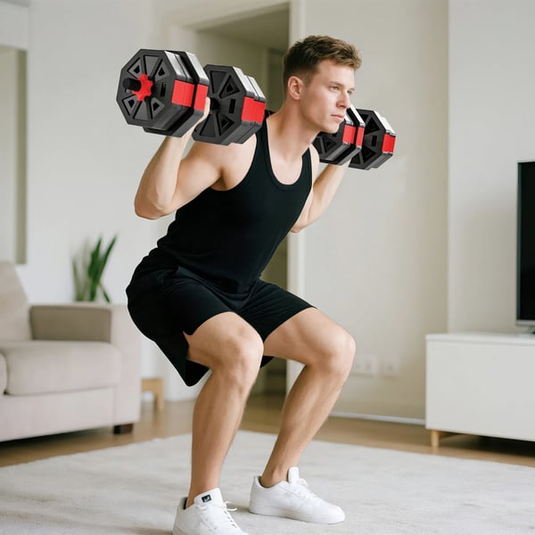 4-i-1 Justerbart Vfgtsæt (20 kg) - Håndvægte, Vægtstang, Kettlebell (RøD, Plastik)