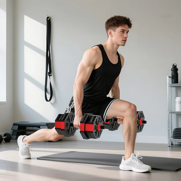 4-i-1 Justerbart Vfgtsæt (20 kg) - Håndvægte, Vægtstang, Kettlebell (RøD, Plastik)