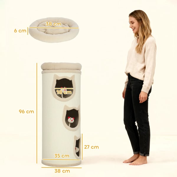 Kattetræ, 96 cm, 4-etagers med vaskbart leje, 3 sovehuler, legetøj, unisex, Crem Hvid/Beige