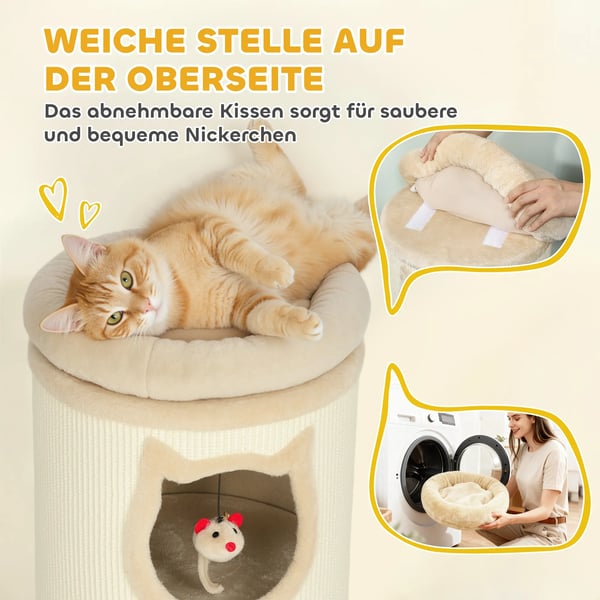 Kattetræ, 96 cm, 4-etagers med vaskbart leje, 3 sovehuler, legetøj, unisex, Crem Hvid/Beige