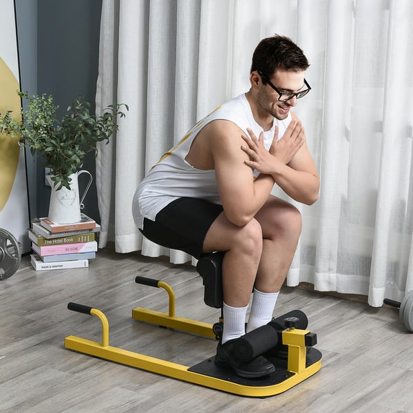 Sissy Squat Träningsredskap - Knäböj, Ben, Mage, Sittmuskler - 3-i-1 Tränare, Justerbar 120 kg, Stål, Gul/Svart