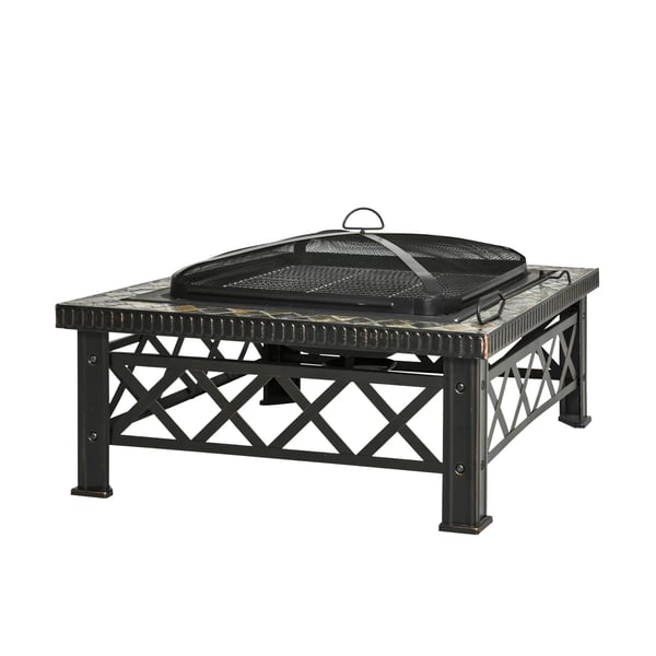 Multifunktionell Eldstad med Grillgaller och Skydd - Svart Stål & Skiffer 76x76x47 cm