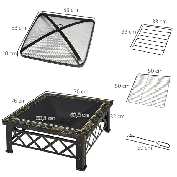 Multifunktionell Eldstad med Grillgaller och Skydd - Svart Stål & Skiffer 76x76x47 cm