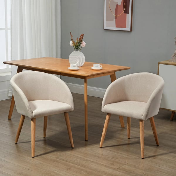 2-pack matstolar, beige, metallram, naturträben, linneliknande tyg, ergonomisk design