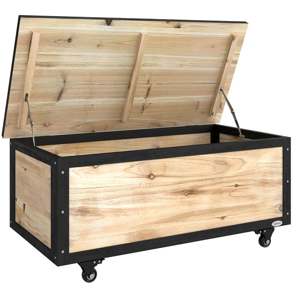Trädgårdslåda i trä, dynbox 121L förvaringslåda med hjul, väderbeständig förvaringslåda för balkong, terrass, natur