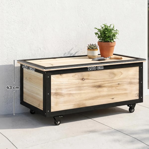 Trädgårdslåda i trä, dynbox 121L förvaringslåda med hjul, väderbeständig förvaringslåda för balkong, terrass, natur