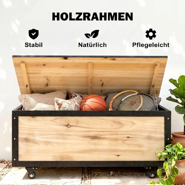 Trädgårdslåda i trä, dynbox 121L förvaringslåda med hjul, väderbeständig förvaringslåda för balkong, terrass, natur