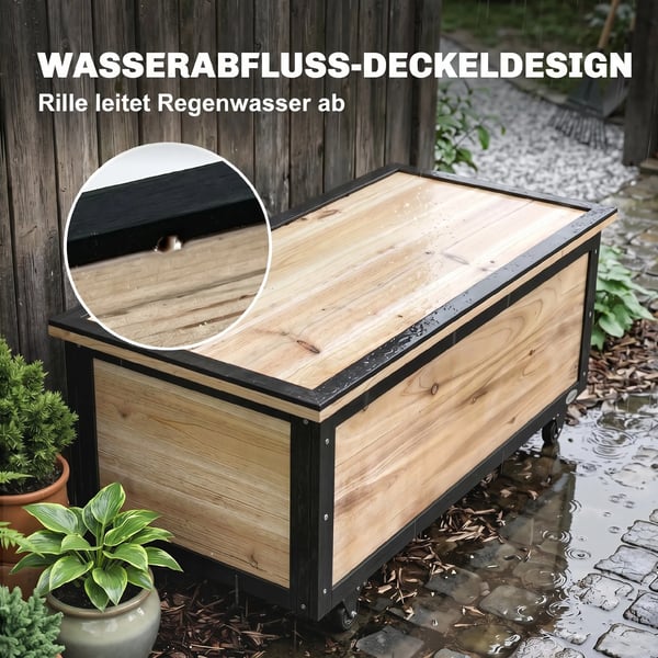 Trädgårdslåda i trä, dynbox 121L förvaringslåda med hjul, väderbeständig förvaringslåda för balkong, terrass, natur