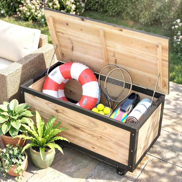 Trädgårdslåda i trä, dynbox 121L förvaringslåda med hjul, väderbeständig förvaringslåda för balkong, terrass, natur