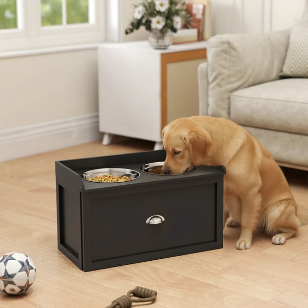 Foderstation til store hunde, sort, 2x2L skåle i rustfrit stål med opbevaringsskuffe, 60x30x36 cm
