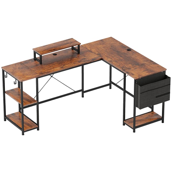 L-formet skrivebord 168x120 cm, hjørneskrivebord med hylder og monitorstander, vendbart, rustik brun