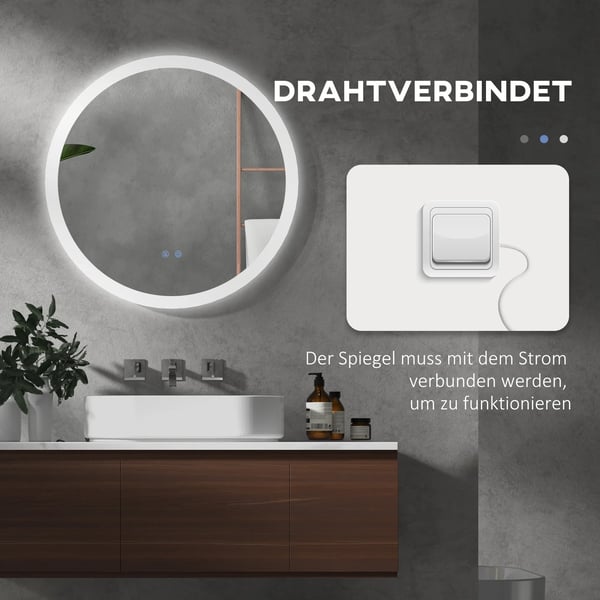 Badrumsspegel med LED-belysning, 3 ljusfärger, Ø70 cm, peksensor, anti-dimma, IP44