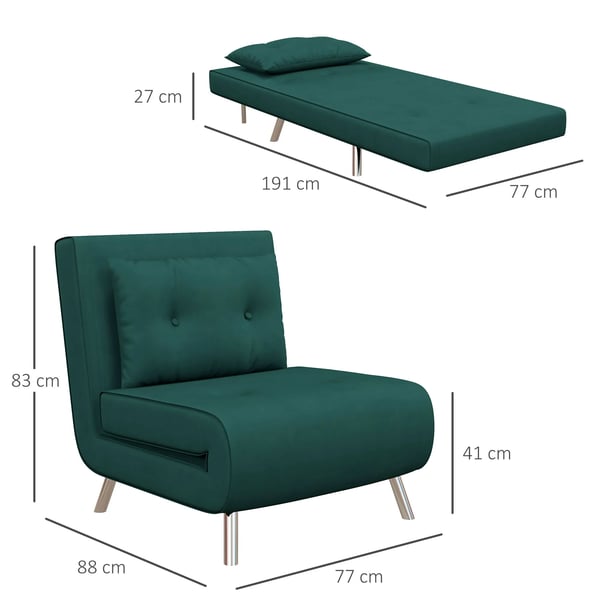 Klapseng 3-i-1 Loungestol m. Pude, Mørkegrøn Polyester/Stål 77x88x83 cm