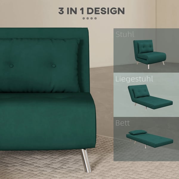 Klapseng 3-i-1 Loungestol m. Pude, Mørkegrøn Polyester/Stål 77x88x83 cm
