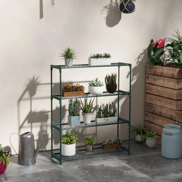växtställ, blomsterställ med 4 hyllplan, blomhylla för trädgård, balkong, stål, mörkgrön, 89 x 28 x 107 cm