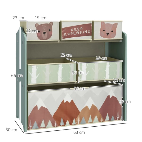 Børnelegetøjshylde med 6 Fleecebokse - Grøn, MDF & Stål - 63x30x66 cm